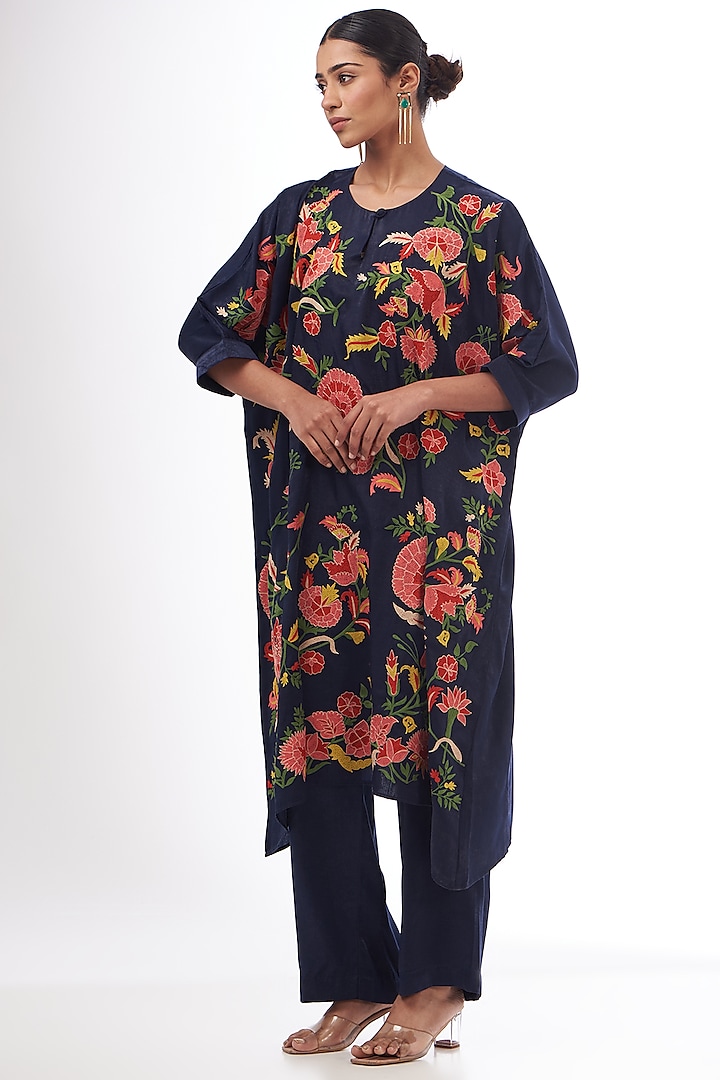 Navy Blue Satin Resham Thread Embroidered Kaftan Set by Made in Pinkcity
