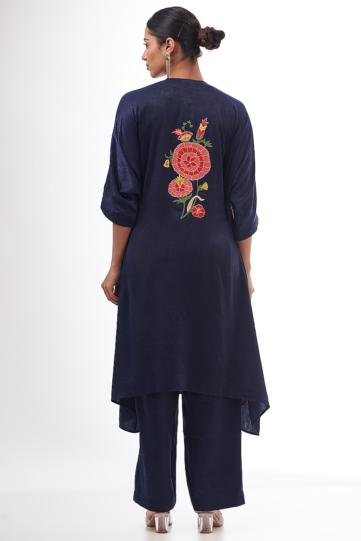 Navy Blue Satin Resham Thread Embroidered Kaftan Set by Made in Pinkcity at Pernia's Pop Up Shop