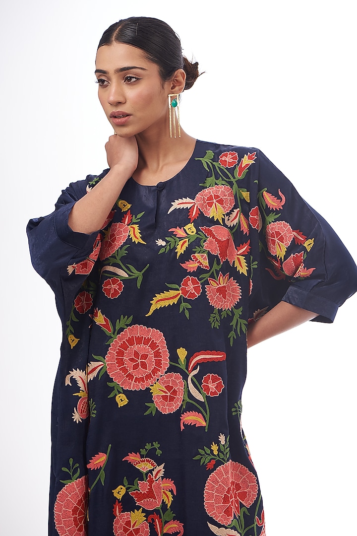 Navy Blue Satin Resham Thread Embroidered Kaftan Set by Made in Pinkcity at Pernia's Pop Up Shop