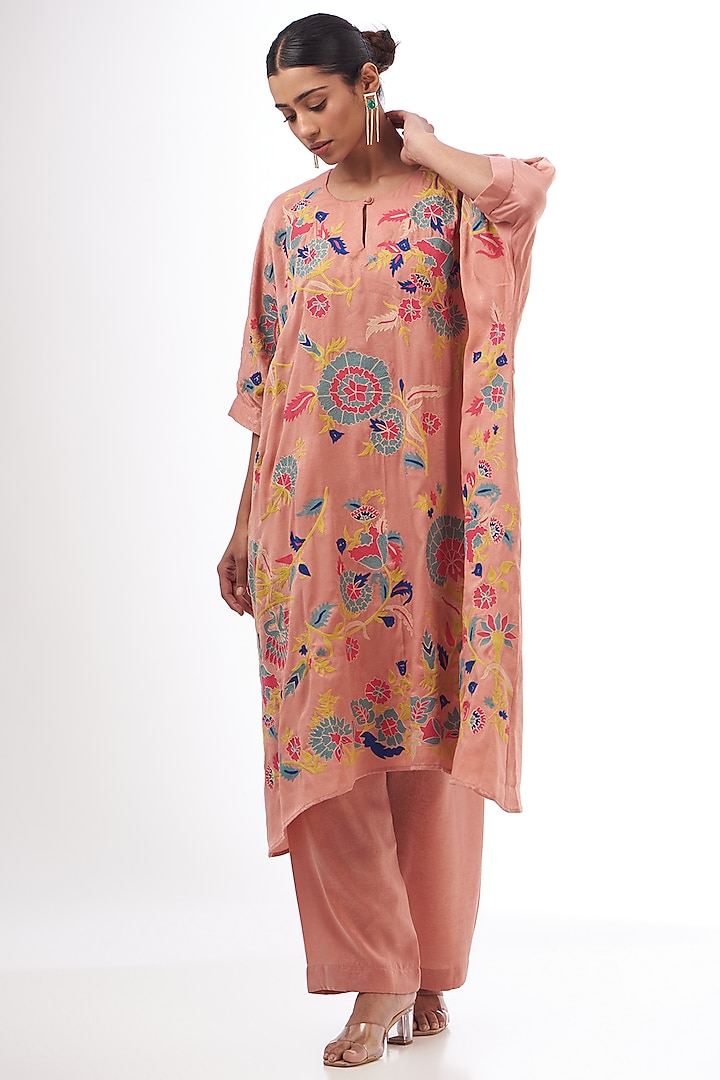 Pink Satin Resham Thread Embroidered Kaftan Set by Made in Pinkcity