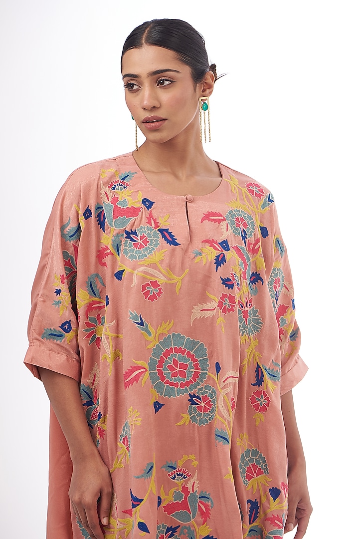 Pink Satin Resham Thread Embroidered Kaftan Set by Made in Pinkcity at Pernia's Pop Up Shop