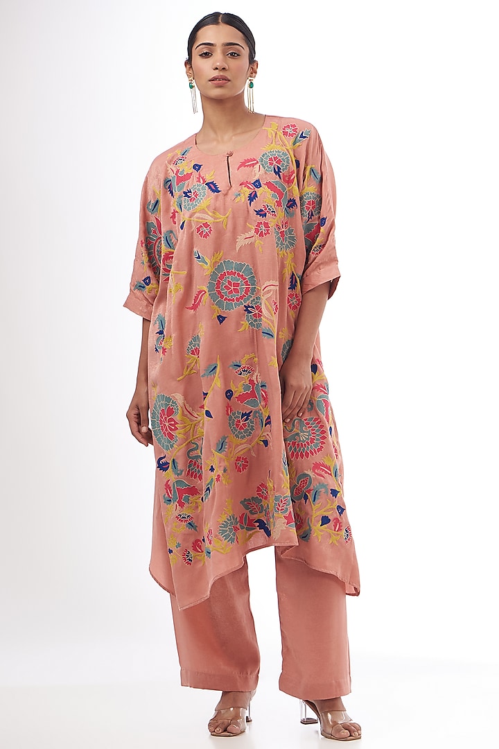 Pink Satin Resham Thread Embroidered Kaftan Set by Made in Pinkcity