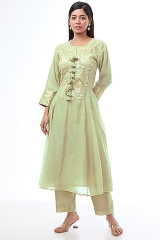 Grey Chanderi Thread Work Anarkali Set by Made in Pinkcity