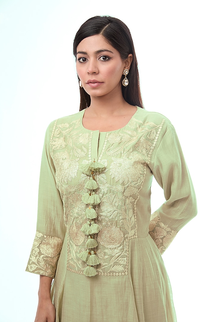 Grey Chanderi Thread Work Party Wear Anarkali Set by Made in Pinkcity at Pernia's Pop Up Shop