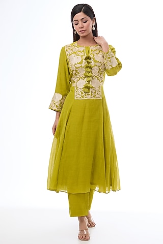 Green Chanderi Thread Work Anarkali Set by Made in Pinkcity