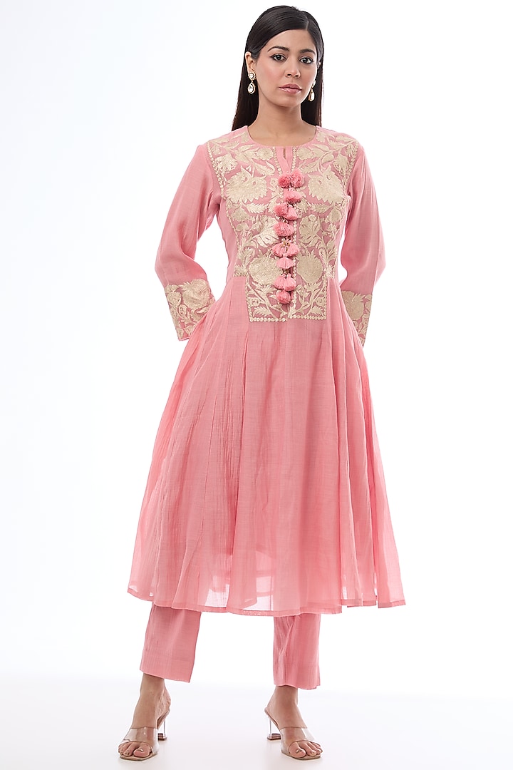 Pink Chanderi Thread Work Anarkali Set by Made in Pinkcity at Pernia's Pop Up Shop