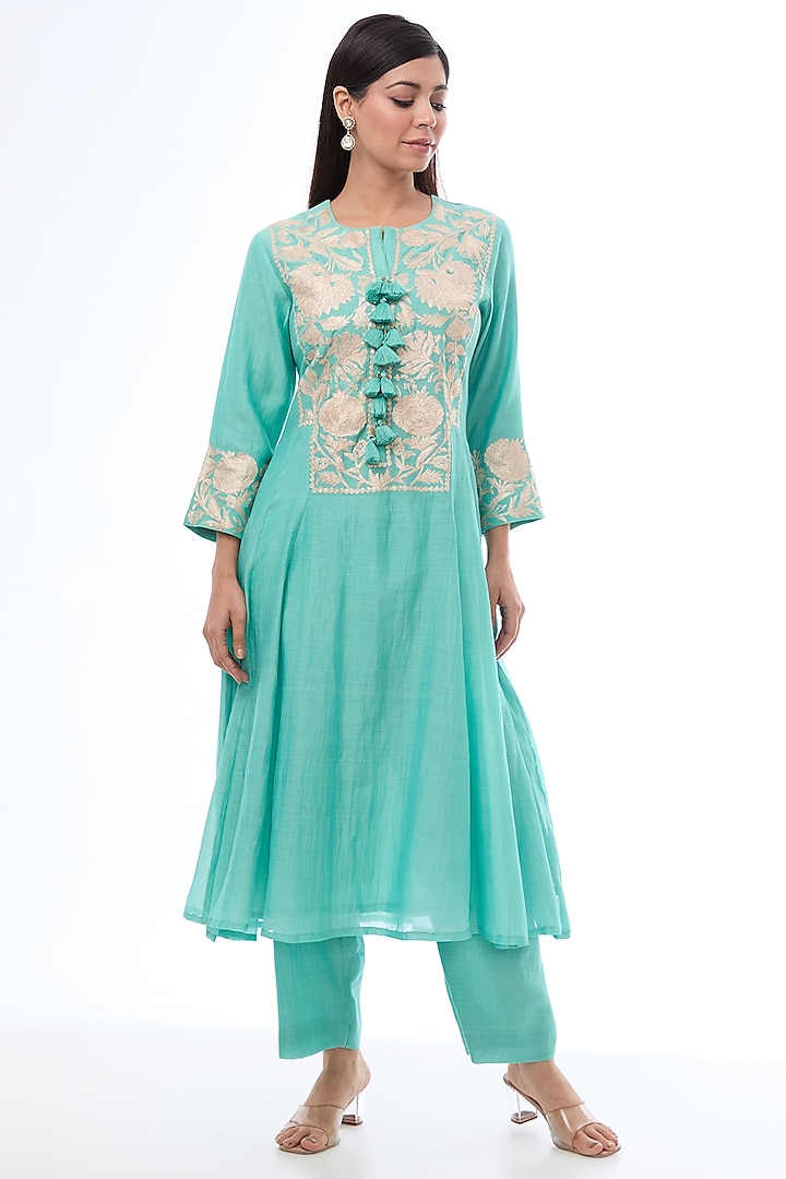 Sky Blue Chanderi Thread Work Anarkali Set by Made in Pinkcity at Pernia's Pop Up Shop