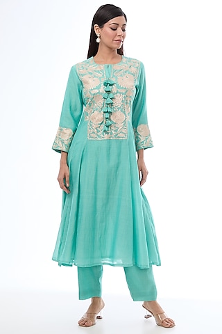 Sky Blue Chanderi Thread Work Anarkali Set by Made in Pinkcity