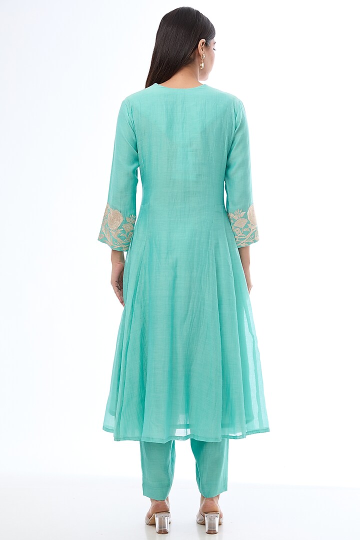 Sky Blue Chanderi Thread Work Party Wear Anarkali Set by Made in Pinkcity at Pernia's Pop Up Shop