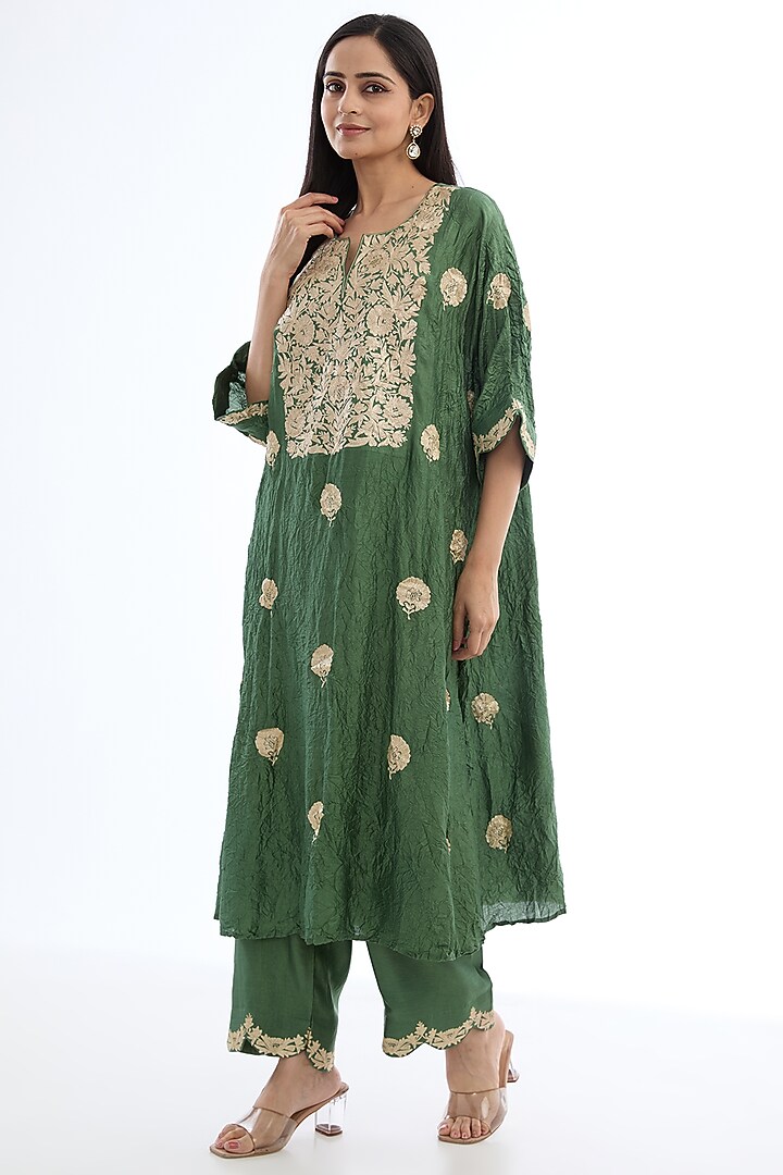 Green Spun Silk Tilla Work Crushed Kaftan Set by Made in Pinkcity at Pernia's Pop Up Shop