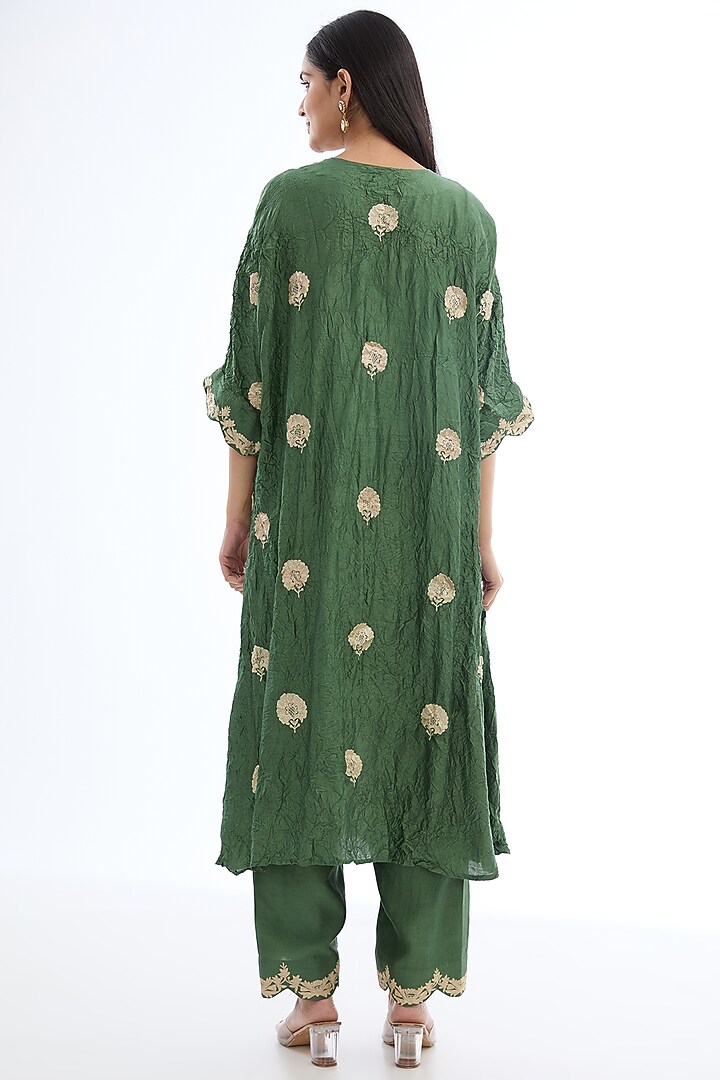 Green Spun Silk Tilla Work Crushed Kaftan Set by Made in Pinkcity at Pernia's Pop Up Shop