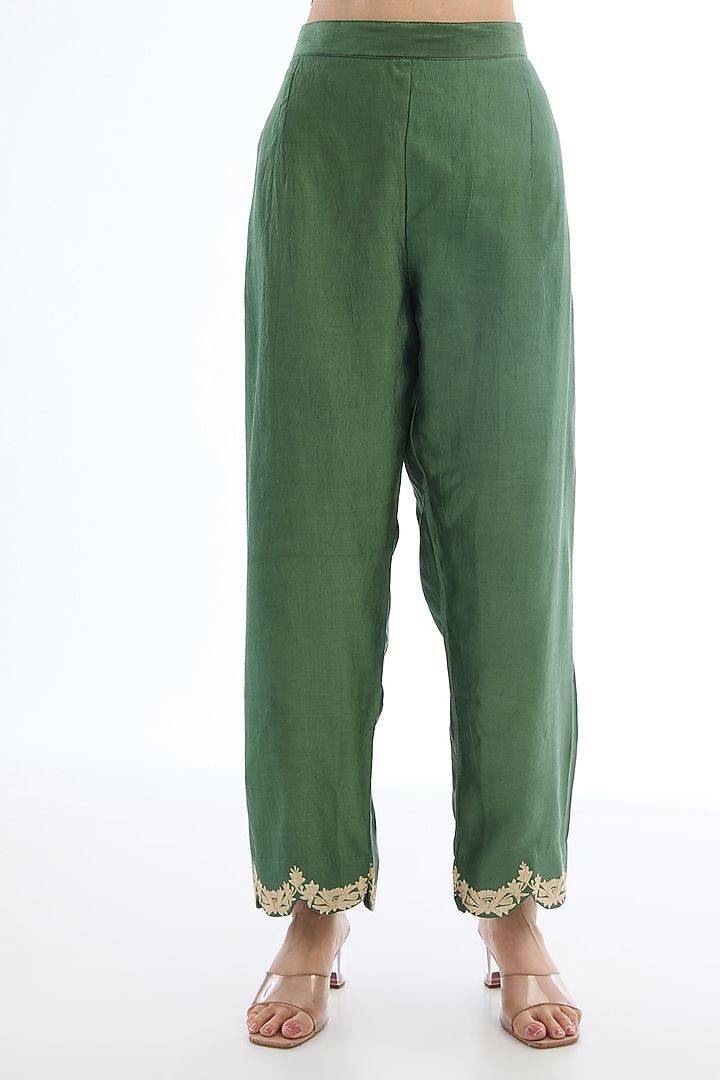 Green Spun Silk Tilla Work Crushed Kaftan Set by Made in Pinkcity at Pernia's Pop Up Shop
