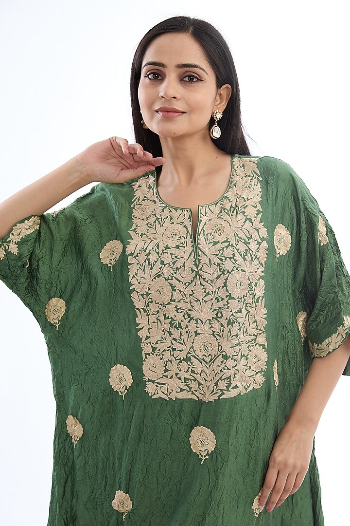 Green Spun Silk Tilla Work Crushed Kaftan Set by Made in Pinkcity at Pernia's Pop Up Shop