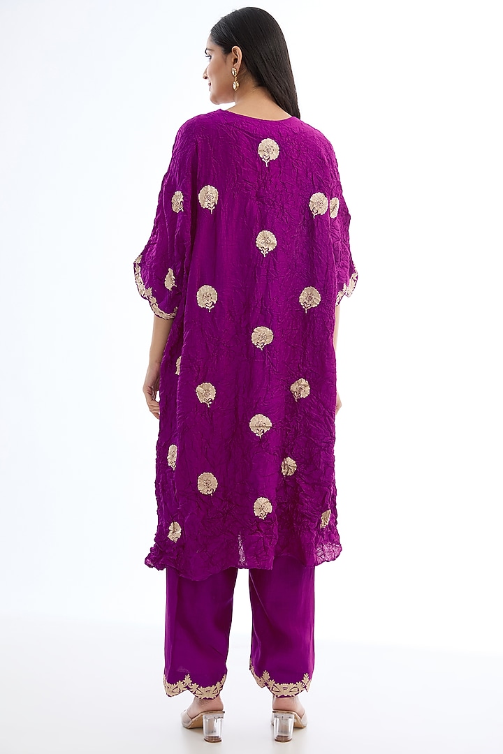 Magenta Spun Silk Tilla Work Crushed Kaftan Set by Made in Pinkcity at Pernia's Pop Up Shop