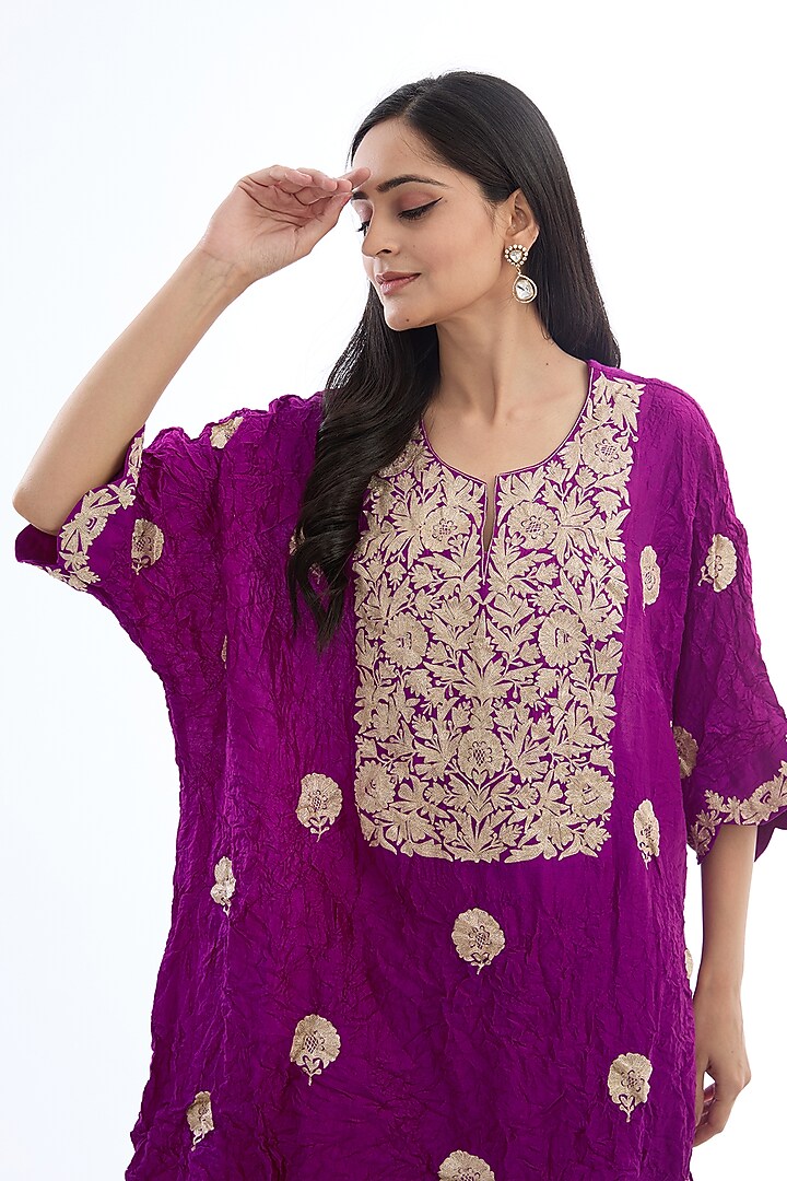 Magenta Spun Silk Tilla Work Crushed Kaftan Set by Made in Pinkcity at Pernia's Pop Up Shop