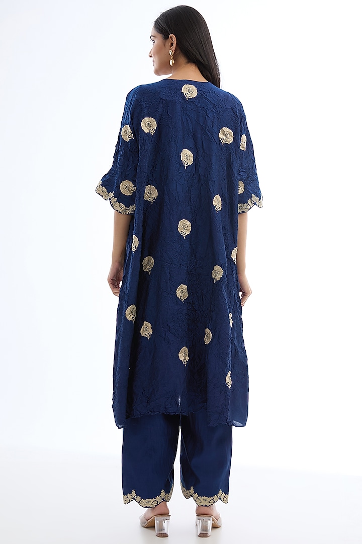 Navy Blue Spun Silk Tilla Work Crushed Kaftan Set by Made in Pinkcity at Pernia's Pop Up Shop