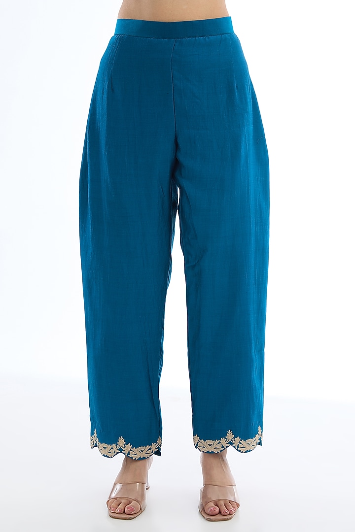 Blue Spun Silk Tilla Work Crushed Kaftan Set by Made in Pinkcity at Pernia's Pop Up Shop