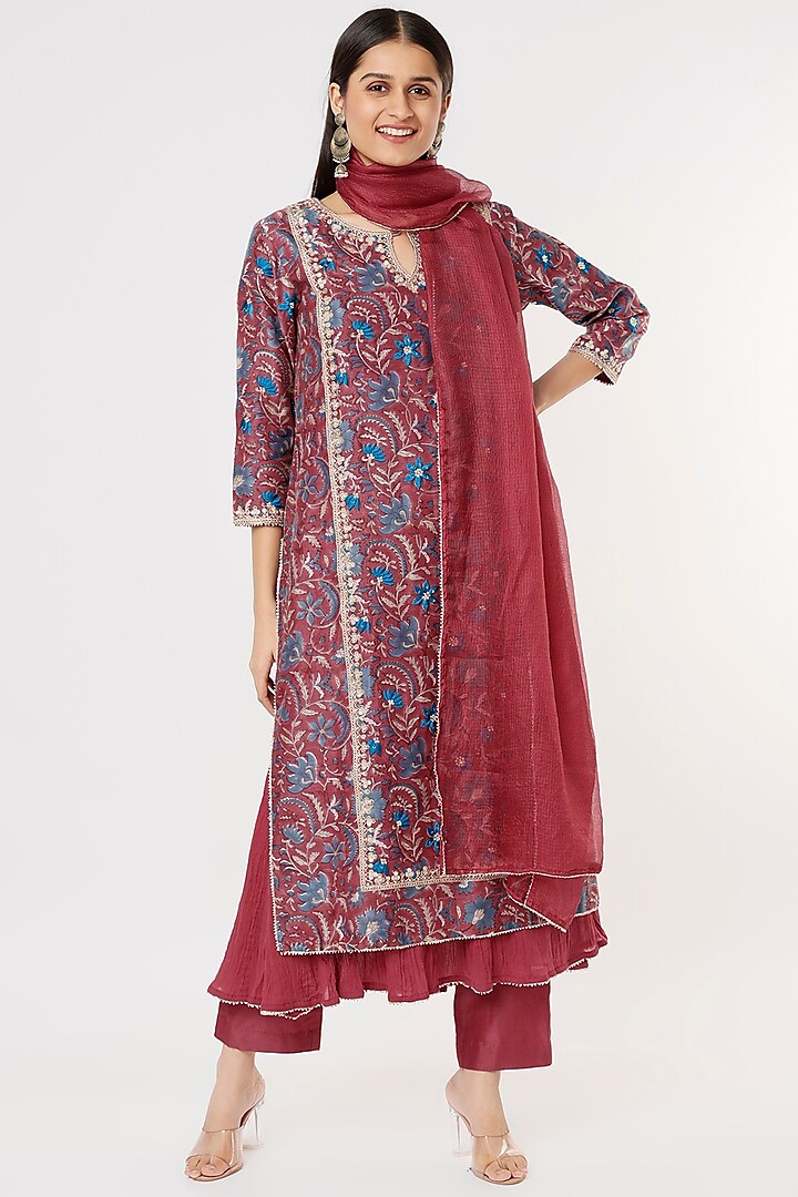 Maroon Hand Embroidered Kurta Set by Made in Pinkcity