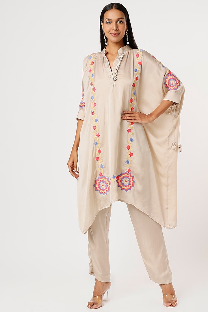 Ivory Satin Embroidered Tunic Set by Made in Pinkcity