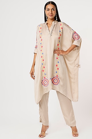 Ivory Satin Embroidered Tunic Set by Made in Pinkcity