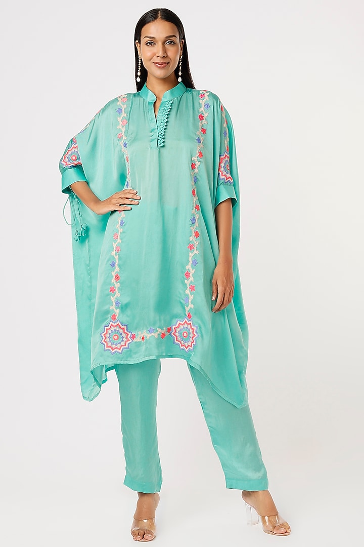 Blue Satin Embroidered Tunic Set by Made in Pinkcity at Pernia's Pop Up Shop