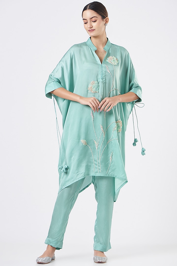 Sea Blue Hand Embroidered Cape Tunic Set by Made in Pinkcity