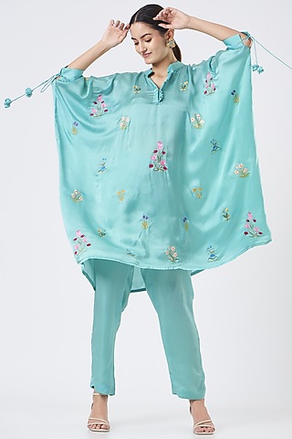 Sea Blue Embroidered Cape Tunic Set by Made in Pinkcity
