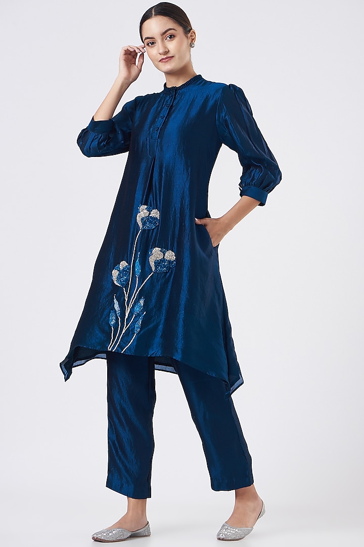 Midnight Blue Hand Embroidered Kurta Set by Made in Pinkcity