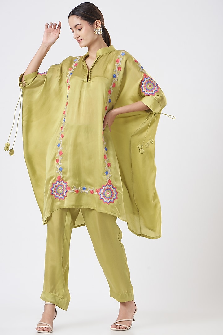 Green Embroidered Cape Tunic Set by Made in Pinkcity at Pernia's Pop Up Shop