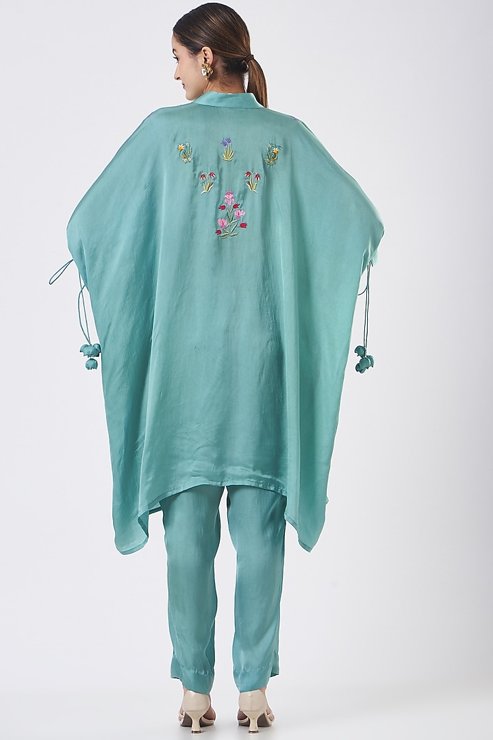 Sea Blue Satin Embroidered Cape Tunic Set by Made in Pinkcity at Pernia's Pop Up Shop