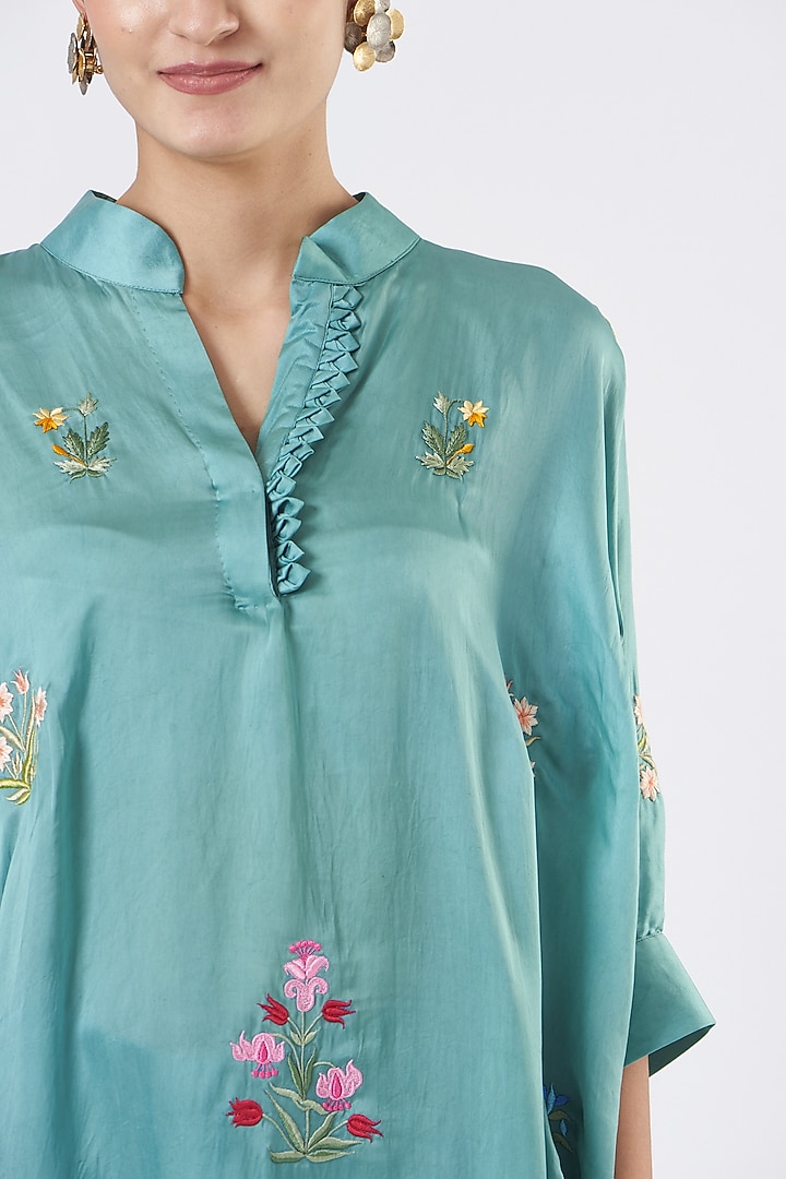 Sea Blue Satin Embroidered Cape Tunic Set by Made in Pinkcity at Pernia's Pop Up Shop