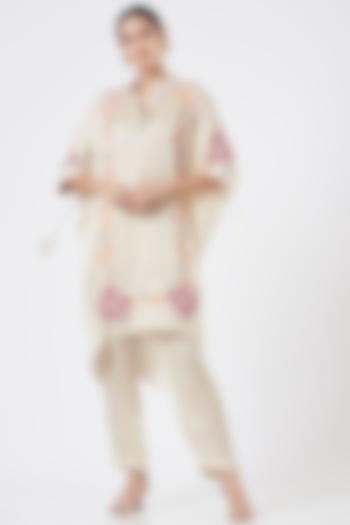 Beige Satin Embroidered Cape Tunic Set by Made in Pinkcity