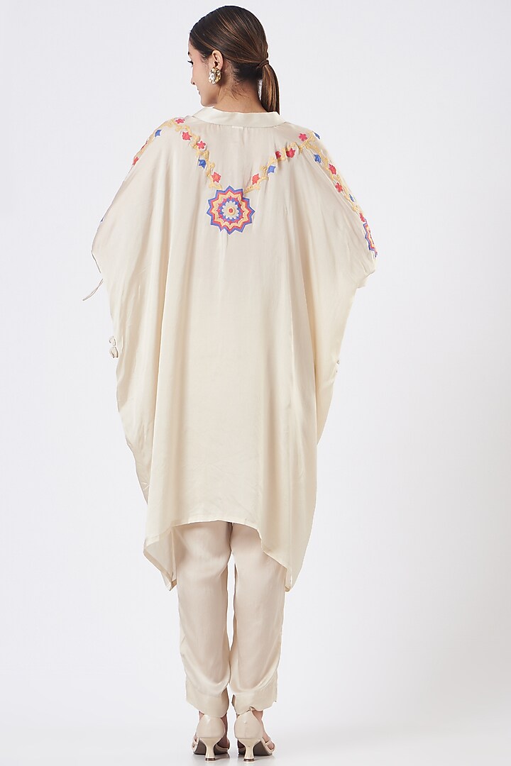 Beige Satin Embroidered Cape Tunic Set by Made in Pinkcity at Pernia's Pop Up Shop