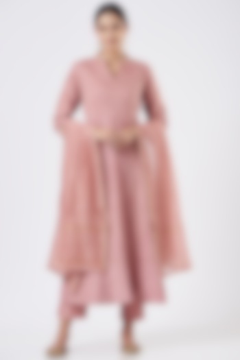 Rose Gold Pure Chanderi Anarkali Set by Made in Pinkcity