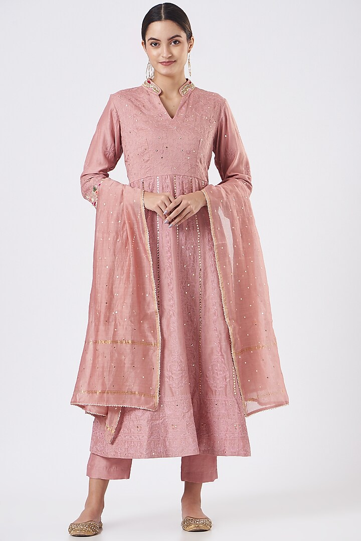 Rose Gold Pure Chanderi Anarkali Set by Made in Pinkcity at Pernia's Pop Up Shop