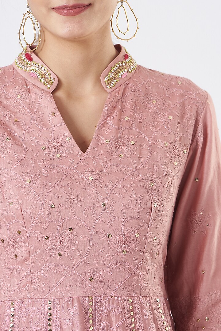 Rose Gold Pure Chanderi Wedding Anarkali Set by Made in Pinkcity at Pernia's Pop Up Shop