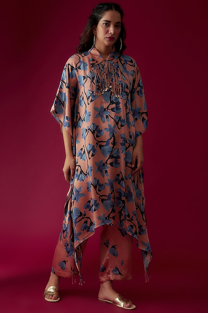 Peach Modal Satin Printed Kaftan Set by Made in Pinkcity at Pernia's Pop Up Shop