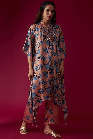 Peach Modal Satin Printed Kaftan Set by Made in Pinkcity