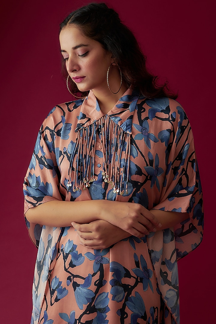 Peach Modal Satin Printed Kaftan Set by Made in Pinkcity at Pernia's Pop Up Shop