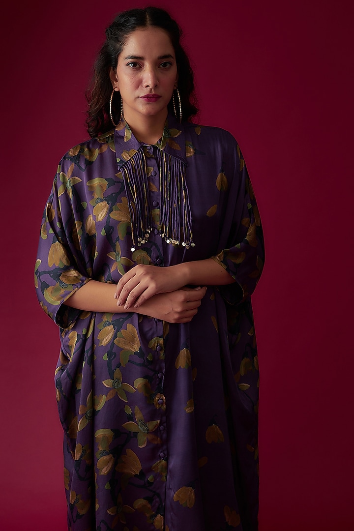 Purple Modal Satin Printed Kaftan Set by Made in Pinkcity at Pernia's Pop Up Shop