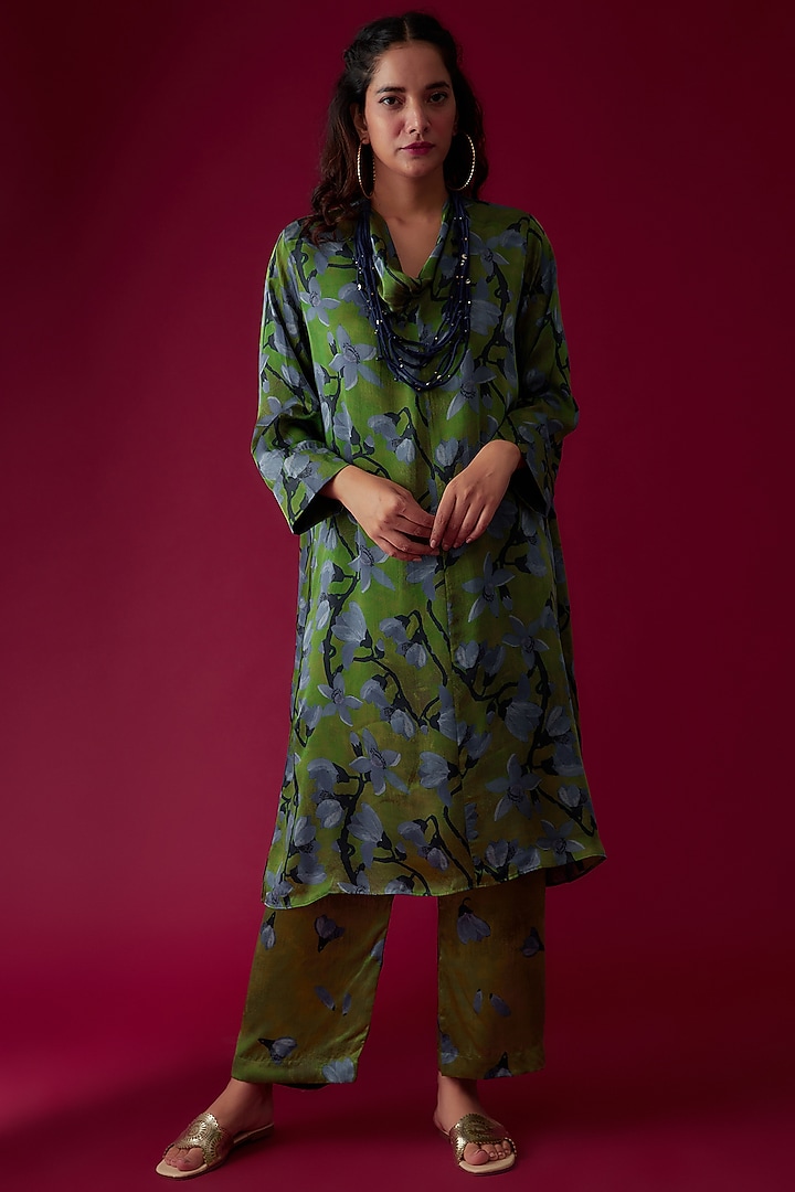 Dark Green Modal Satin Printed Tunic Set by Made in Pinkcity at Pernia's Pop Up Shop