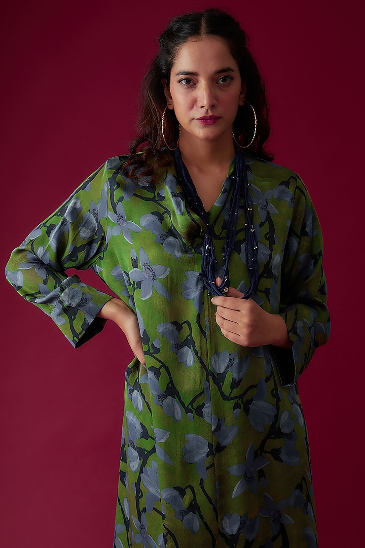 Dark Green Modal Satin Printed Tunic Set by Made in Pinkcity at Pernia's Pop Up Shop
