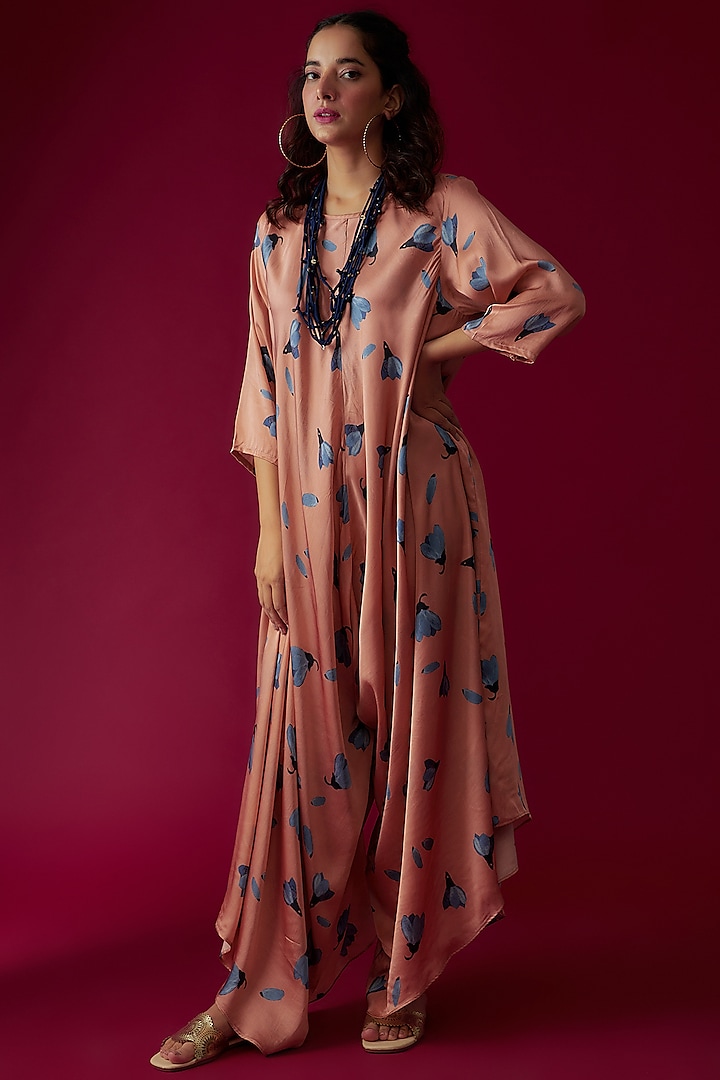 Peach Modal Satin Printed Jumpsuit Dress by Made in Pinkcity