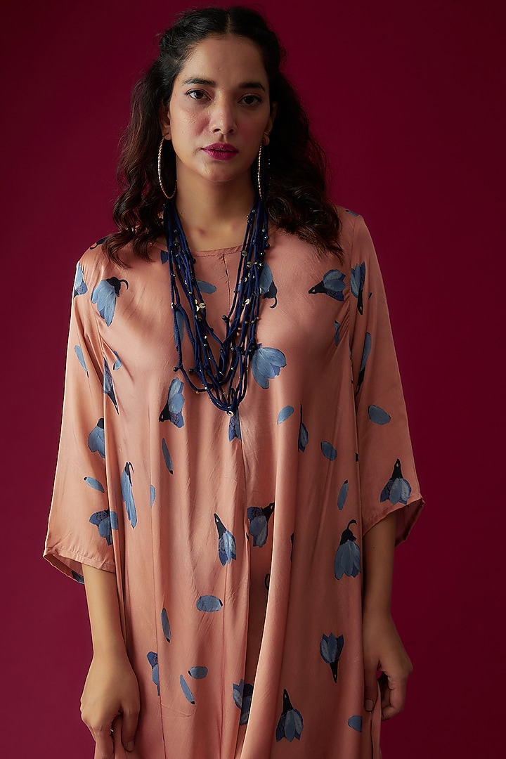 Peach Modal Satin Printed Jumpsuit Dress by Made in Pinkcity at Pernia's Pop Up Shop