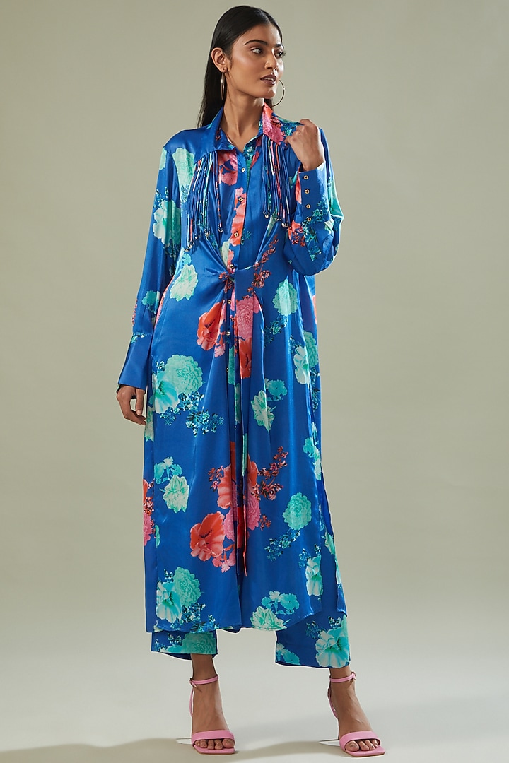 Blue Modal Satin Printed Co-Ord Set by Made in Pinkcity at Pernia's Pop Up Shop