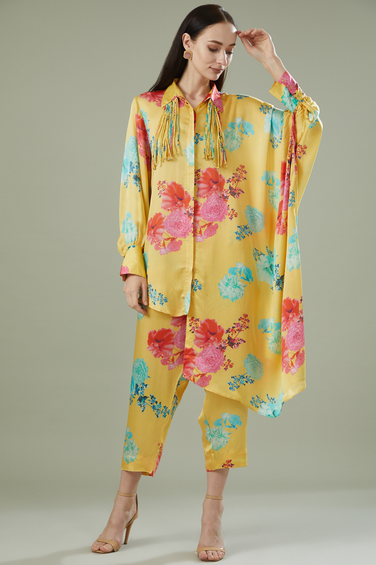 Yellow Modal Satin Printed Kaftan Set by Made in Pinkcity