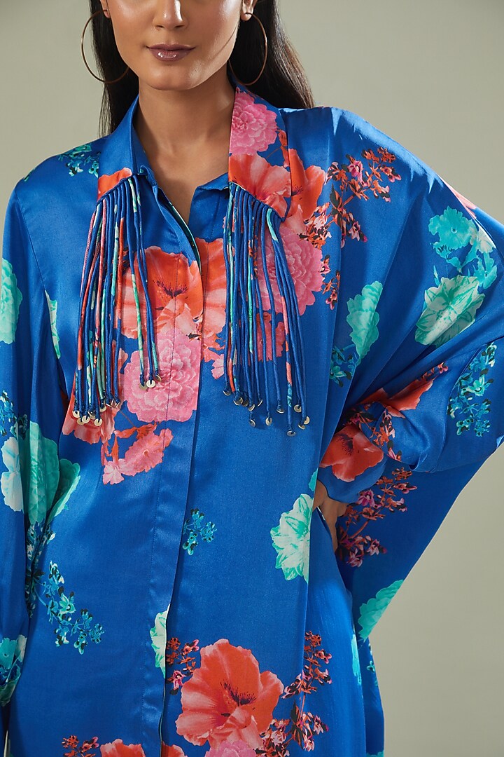 Blue Modal Satin Printed Kaftan Set by Made in Pinkcity at Pernia's Pop Up Shop