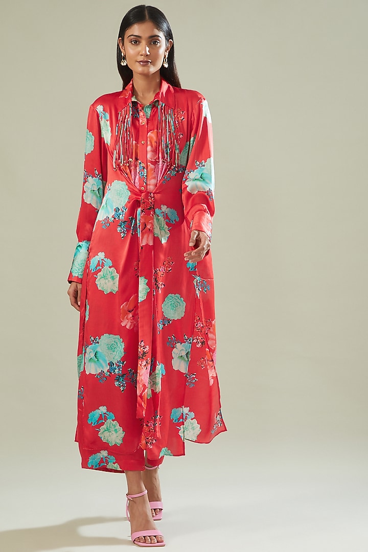 Red Modal Satin Printed Co-Ord Set by Made in Pinkcity at Pernia's Pop Up Shop