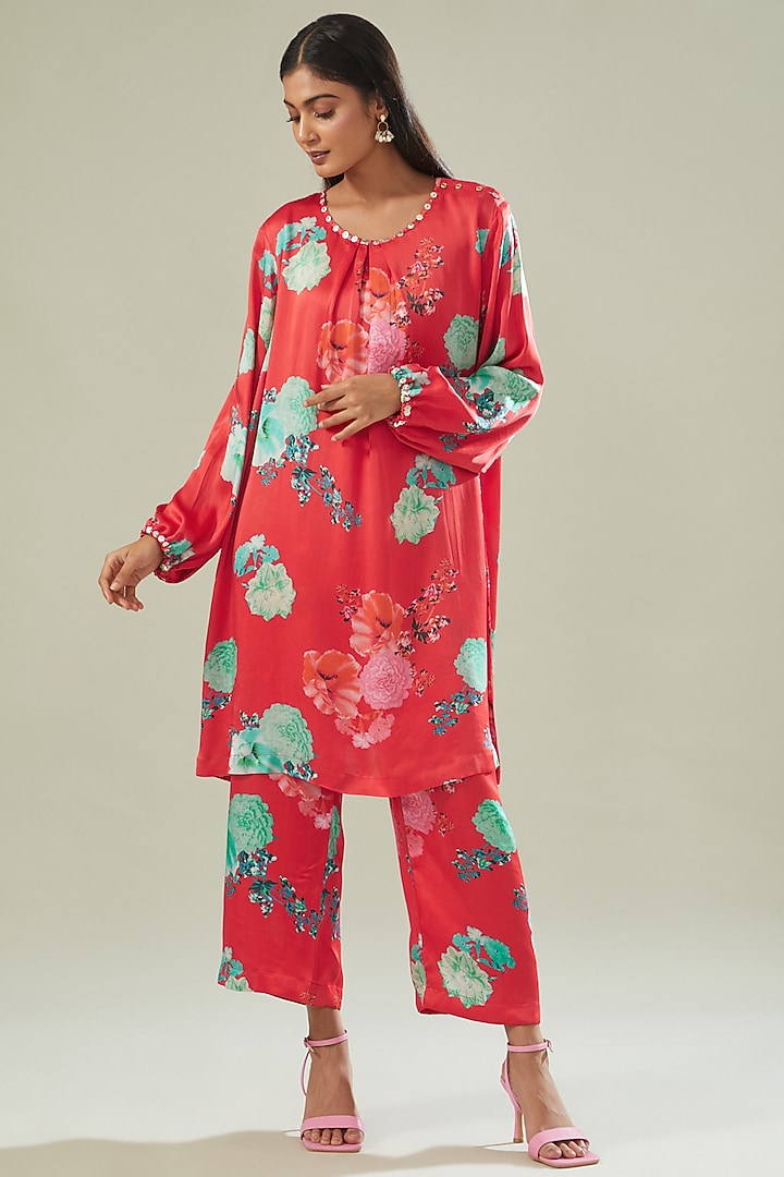 Red Modal Satin Printed Co-Ord Set by Made in Pinkcity at Pernia's Pop Up Shop