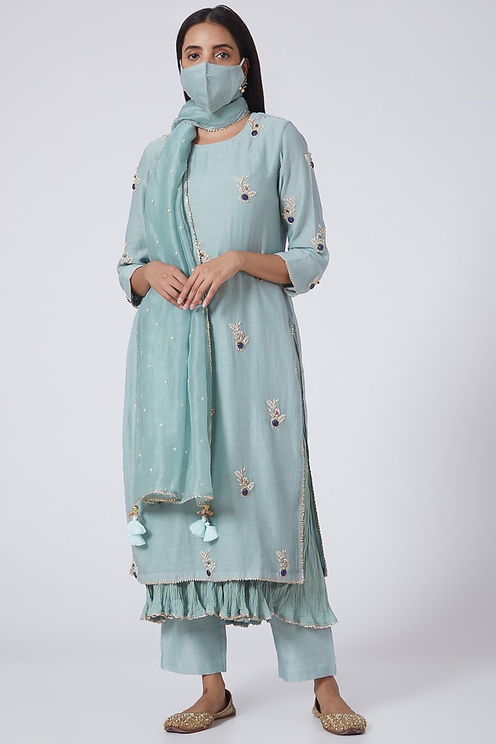 Powder Blue Hand Embroidered Kurta Set by Made in Pinkcity at Pernia's Pop Up Shop